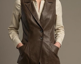 Women’s Stylish Genuine Leather Waistcoat – Tailored Fit V-Neck Vest with Modern Lapel Design