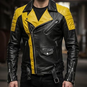 May include: Black leather jacket with yellow accents on the shoulders and down the front. The jacket features a classic biker style with a zipper closure, multiple pockets, and a belt at the waist. The sleeves have zippered cuffs.