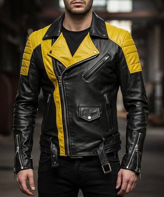 Men’s Two-Tone Leather Biker Jacket – Yellow & Black Geometric Moto Style