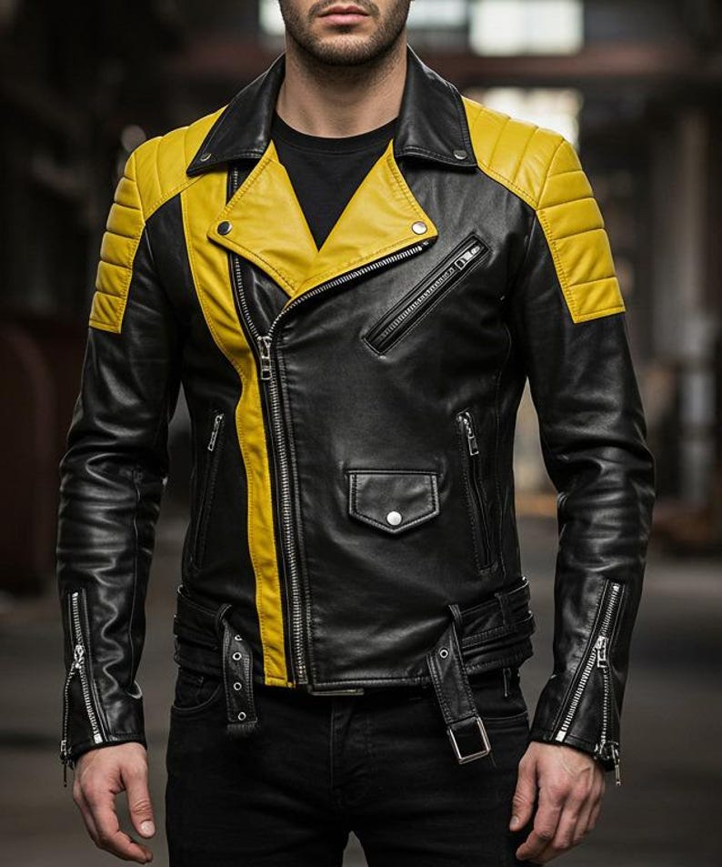 May include: Black leather jacket with yellow accents on the shoulders and down the front. The jacket features a classic biker style with a zipper closure, multiple pockets, and a belt at the waist. The sleeves have zippered cuffs.
