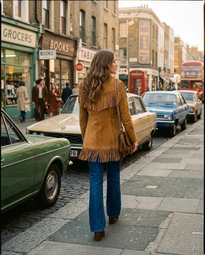 Puede incluir: Una chaqueta de ante color canela con largos flecos en la parte superior de la espalda y a lo largo del dobladillo inferior, combinada con vaqueros azules y un bolso de hombro de cuero marr&oacute;n. La chaqueta tiene un corte estructurado.