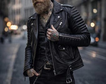 Men’s Black Biker Leather Jacket – Genuine Cowhide Motorcycle Coat with Quilted Shoulders & Slim Fit