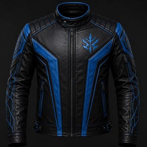 May include: Black leather jacket with blue accents. Features a stand-up collar, a front zipper, and blue geometric designs on the shoulders and sleeves. A blue emblem is on the chest. The jacket has a quilted design on the shoulders.