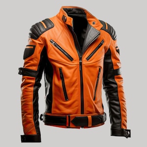 Men’s Orange & Black Sheepskin Leather Motorcycle Jacket – Punk Racer Style