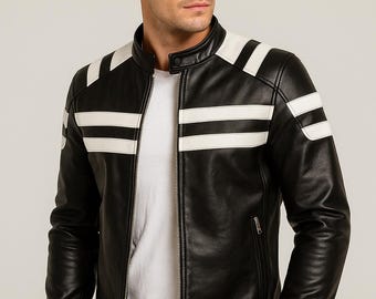 Vintage Cafe Racer Leather Jacket - Men's Black Genuine Motorcycle