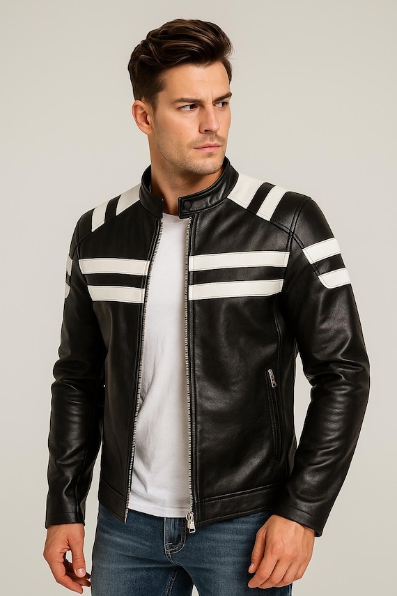 Vintage Cafe Racer Leather Jacket - Men's Black Genuine Motorcycle