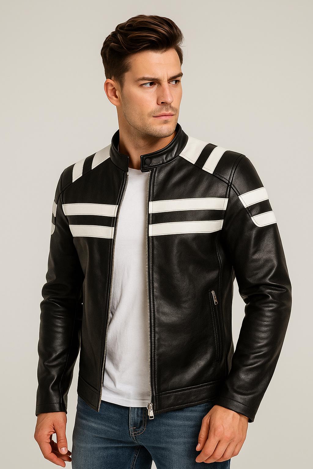 Vintage Cafe Racer Leather Jacket - Men's Black Genuine Motorcycle