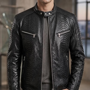 Men Black Snakeskin Leather Jacket - Genuine Python Pattern Biker Leather Jacket - Slim Fit Real Leather Motorcycle Jacket Gift for Him