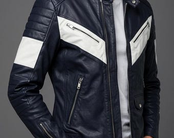 Men’s Black White Leather Biker Jacket – Colorblock Slim Fit Moto Jacket for Men