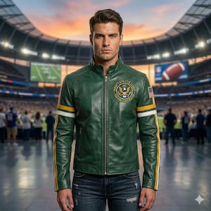Zielona skórzana kurtka Varsity męska Biker Bomber z naszywką orła Varsity Athletic League