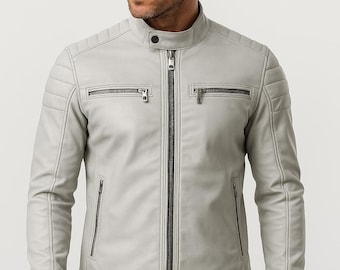 Weiße Echtlederjacke für Herren - Slim Fit Modern Biker Style, handgefertigter Schaffell Motorradmantel