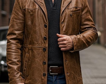Men’s Distressed Tan Leather Coat | Vintage Trench Style | Mid-Length Genuine Leather Outerwear