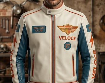 Veloce Motor Club Biker-Lederjacke, Vintage Cafe Racer Jacke, Retro Bikerjacke, Herren-Lederjacke in Off-White & Teal