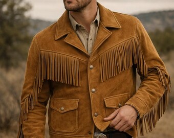Herren Tan Wildleder Fransenjacke | Western Cowboy Lederjacke Vintage Biker Stil