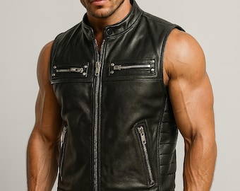 Herren Bikerweste aus schwarzem Rindsleder - Gesteppte Slim Fit-Weste