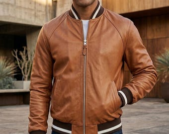 Echtes Schaffellleder Varsity-Jacke für Herren - Wintermantel mit Rippstrickkragen