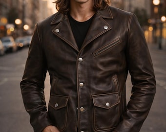 Herren Vintage Braun Lederjacke - Klassischer Motorradmantel im Biker Stil - Echtes Distressed Espresso Leder Oberbekleidung, handgefertigt Retro