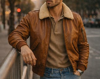 Herren Braune Leder Bomberjacke - Vintage Aviator mit Lammkragen