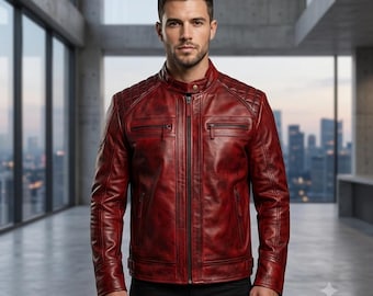 Beunruhigte kirschrote Lederjacke - Herren Slim Fit Cafe Racer - Echter Oxblood Burgund Motorradbomber, gestepptes Schulter Moto Geschenk