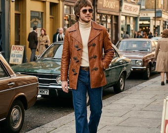 Vintage-Lederjacke im Stil der 70er Jahre: Cognacfarbene Dufflecoat-Jacke | Retro-Herren-Dufflecoat | Echtlederjacke mit Gürtel | Handgefertigte Oberbekleidung aus echtem Leder