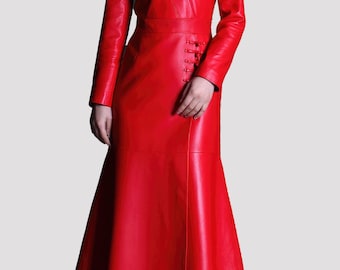 Women’s Red Genuine Sheepskin Long Coat – Designer Knit Details with Elegant V-Neck