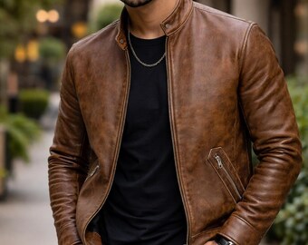 Herren Braun Leder Cafe Racer Jacke - Handgefertigte Distressed Vintage Biker Motorradjacke