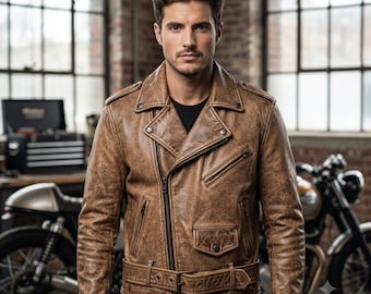 Herren Distressed Tan Leder Motorradjacke - Schwerer gewachster Vintage Moto Biker - Echtbrauner asymmetrischer Cruiser-Mantel, Luxusgeschenk