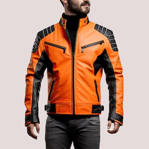 Men’s Orange & Black Sheepskin Leather Café Racer Jacket – Quilted Stand Collar
