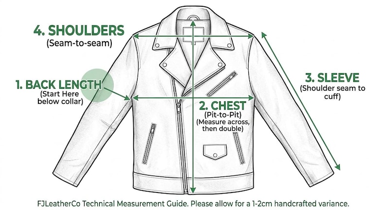 以下が含まれることがあります： 白い革のジャケットの技術的な測定ガイド。背中の長さ、胸、袖、肩の領域がラベル付けされています。ガイドには「FJLeatherCo Technical Measurement Guide. Please allow for a 1-2cm handcrafted variance.」というテキストが含まれています。