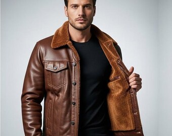 Braune Trucker-Jacke aus Schaffell für Herren - Ledermantel mit Shearling-Futter