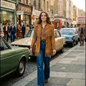 Puede incluir: Una chaqueta de ante color canela con flecos largos en el pecho y el dobladillo, sobre una camisa estampada de flores y pantalones vaqueros azul oscuro acampanados. El conjunto incluye un cintur&oacute;n de cuero negro con hebilla dorada y zapatos de plataforma marrones.