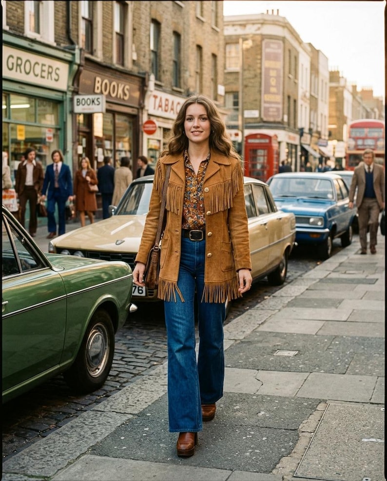 Puede incluir: Una chaqueta de ante color canela con flecos largos en el pecho y el dobladillo, sobre una camisa estampada de flores y pantalones vaqueros azul oscuro acampanados. El conjunto incluye un cintur&oacute;n de cuero negro con hebilla dorada y zapatos de plataforma marrones.