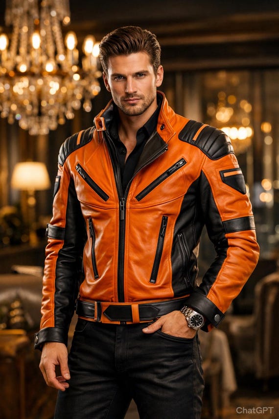Men's Orange & Black Sheepskin Leather Motorcycle Jacket – Punk