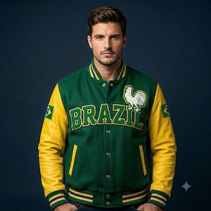 May include: A green and yellow varsity jacket featuring the word BRAZIL in bold green letters across the chest, a white rooster emblem, and small Brazilian flag patches on the sleeves. The jacket has yellow sleeves, a snap-button front, and ribbed trim.