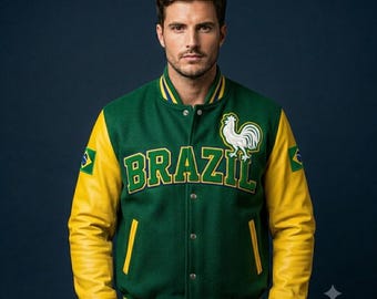 Brasilien Varsity Jacke - Waldgrün Wolle & Gelbe Leder Ärmel Bomber - Brasilianischer Fan Letterman Mantel, Premium Fußball-Fan Geschenk