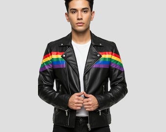 Unisex Regenbogen Streifen Bikerjacke - LGBTQ Pride Streetwear Kunstledermantel - Schwarzer asymmetrischer Moto Bomber, Festival Rave Oberbekleidung Geschenk