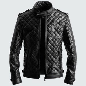 Men’s Black Sheepskin Leather Café Racer Jacket – Diamond Quilted Slim Fit