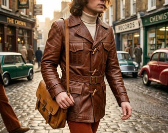 Vintage-Lederjacke im Stil der 70er Jahre für Herren | Kastanienbrauner Dufflecoat | Handgefertigter Retro-Ledermantel