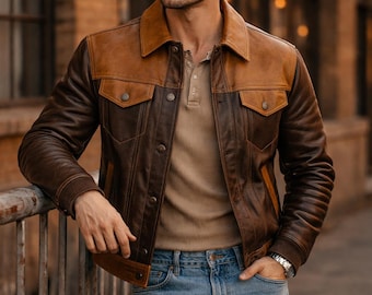 Western zweifarbige Lederjacke - Brauner Wildleder Trucker Mantel für Herren - Vintage Cowboy Yoke Arbeitskleidung, robuster Bomber im Americana Style