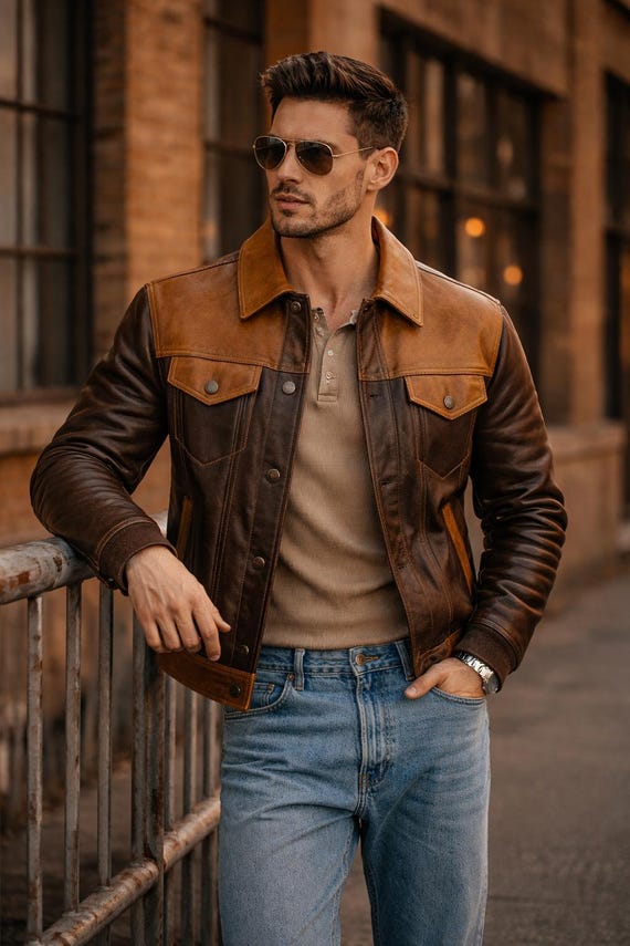 Western Two Tone Leather Jacket - Men's Brown Suede Trucker Coat - Vintage Cowboy Yoke Workwear, Rugged Americana Style Bomber