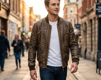Herren-Bomberjacke aus braunem Leder im Used-Look | Echtledermantel im Vintage-Stil | Gerippter Kragen und Bündchen | Handgefertigte Streetwear-Jacke