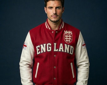 England Varsity Jacke England Fußball-Fan Jacke Rote & weiße Wolle Letterman Jacke Drei Löwen inspiriert Bomberjacke Fußball-Anhänger