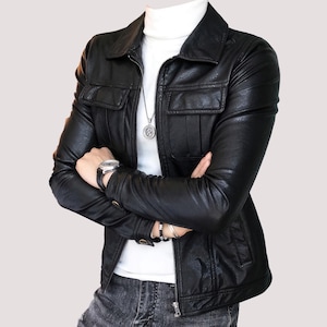 Men’s Black Sheepskin Leather Café Racer Jacket – Retro Biker Style