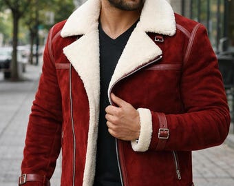 Rote Wildleder-Fliegerjacke für Herren | Wintermantel aus Kunstfell
