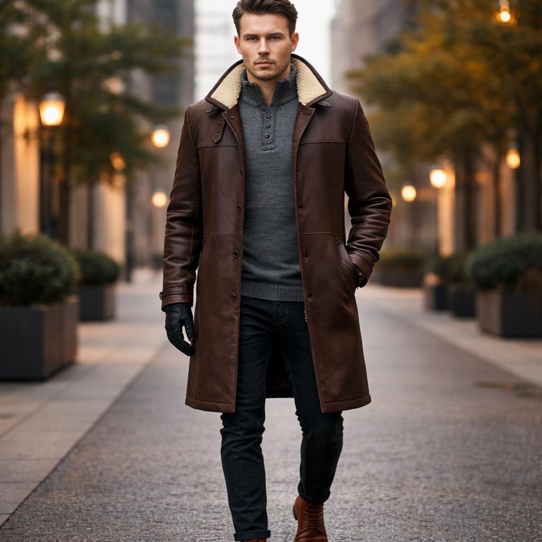 Espresso Brown Leather Shearling Coat - Men's Longline Winter Car