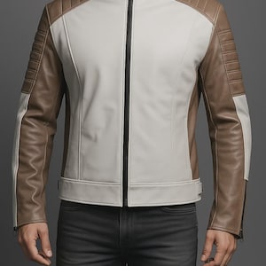 Men’s Sheepskin Leather Motorcycle Jacket – Quilted Stand Collar Slim Fit