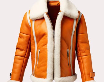 Men’s Ginger Orange Sheepskin Shearling Aviator Bomber Jacket
