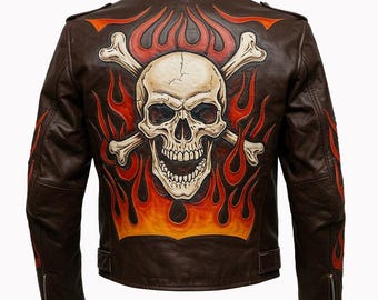 Gothic Schädel Flamme Lederjacke - Schaffell Punk Rocker Heavy Metal Biker Mantel