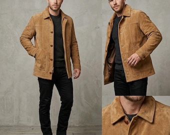 Hellbraune Wildlederjacke für Herren - Klassischer Western-Ranch-Mantel mit Knöpfen - Handgefertigte Oberbekleidung im Vintage-Stil, Premium-Minimalist-Autojacke