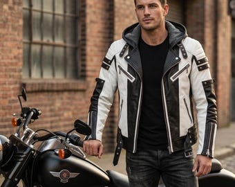 Weiße Herren-Lederjacke mit schwarzen Einsätzen, Kapuzen-Bikerjacke, gesteppte Schulterpartie, handgefertigtes Geschenk für ihn